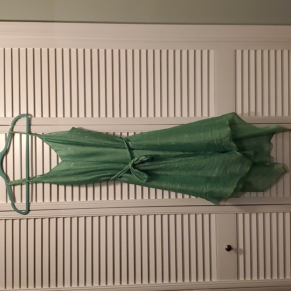 Dress - Pale Green With Silver Stripes, Ties at Waist, Kerchief Hem - Size 10